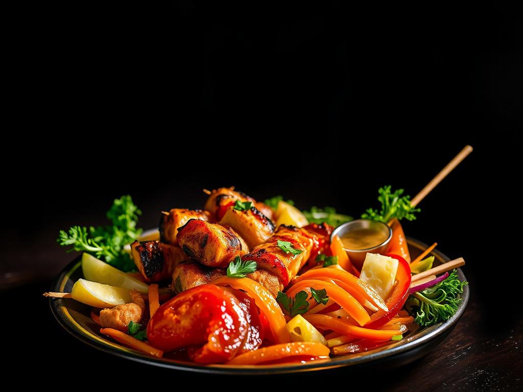A single plate of vibrant street food featuring a colorful mix of fresh ingredients like grilled skewers, tangy sauces, and crisp vegetables, illuminated by dramatic lighting and deep shadows. The background is dark with rich contrasts, highlighting the vibrant colors of the food, creating an intense and appetizing atmosphere. The image uses a palette that complements the primary color #FF6E4E, enhancing the visual appeal and evoking a sense of bold flavor and excitement.
