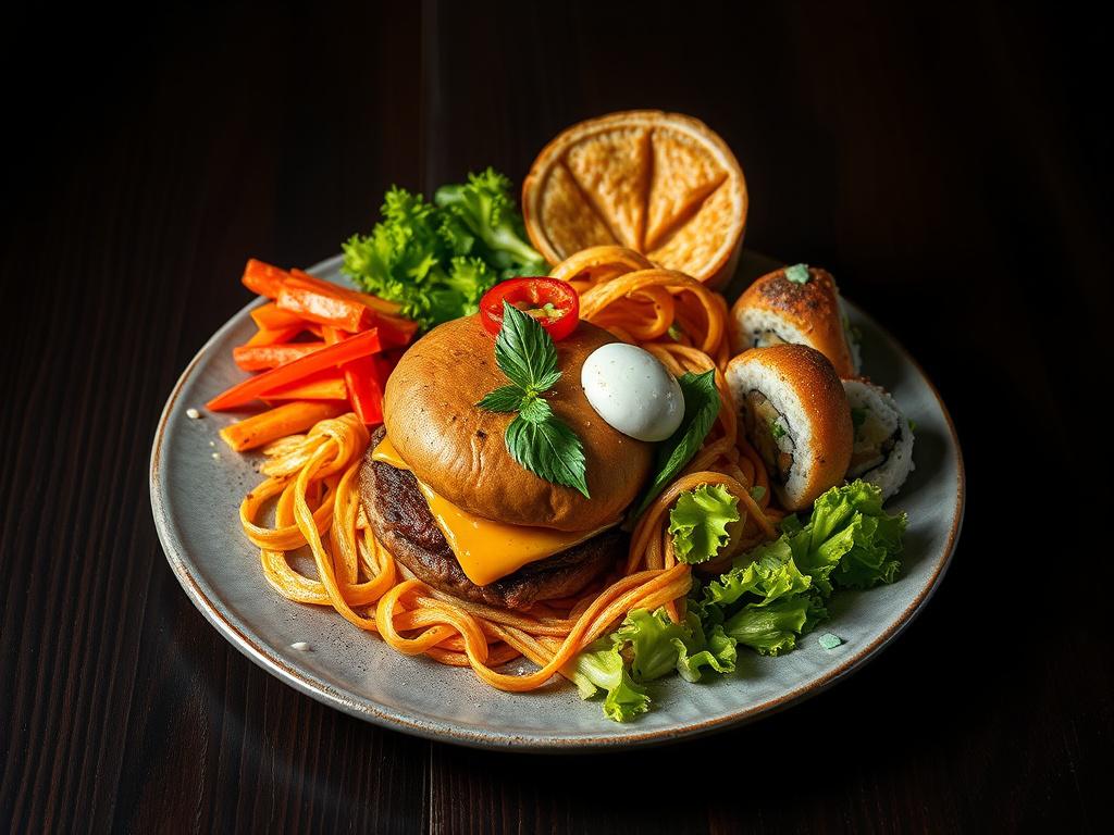 A single high-quality, realistic photo of a vibrant, appetizing plated dish representing a fusion of global cuisines, including elements like a juicy hamburger, colorful pasta, sushi, and a side of fresh salad. The composition is simple with the dish centered on a dark rustic wooden table. Deep shadows and dramatic lighting emphasize the rich colors and textures of the food, creating an intense and inviting atmosphere. The scene includes subtle accents of the color #C31755, such as a napkin or garnish, to u