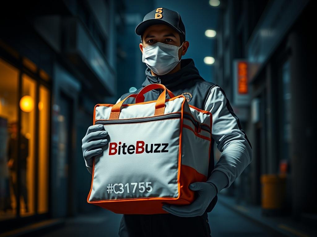 A realistic high-resolution photo of a delivery person holding a branded BiteBuzz insulated food delivery bag, dressed in clean uniform with gloves and mask, standing in front of a stylish urban background with deep shadows and dramatic lighting. The image features rich contrasts and an intense atmosphere, highlighted with the #C31755 primary color on the delivery bag and uniform accents.