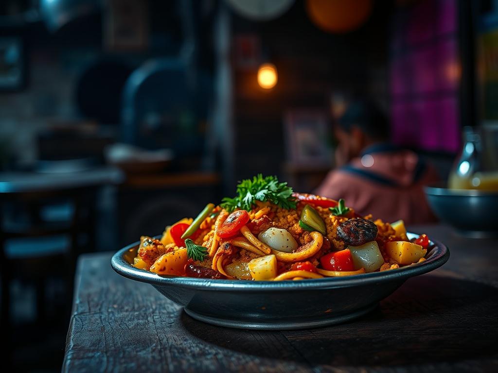 A realistic high-resolution photo of a single street food dish from Chennai, displayed on a rustic wooden table. The dish is vibrant and colorful, featuring fresh ingredients like spices, herbs, and vegetables, illuminated by dramatic lighting with deep shadows and rich contrasts, emphasizing the textures and colors. The background is blurred to keep focus on the food, with an intense atmosphere and a subtle hint of the #FF6E4E color in the scene.