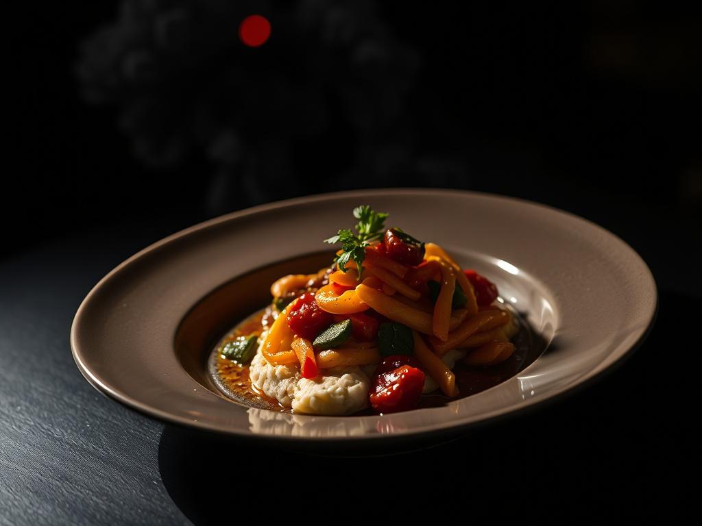 A high-resolution photo of a single, beautifully plated signature dish from BiteBuzz, captured with dramatic lighting and deep shadows to enhance the rich colors and textures. The composition is simple, focusing solely on the dish with a dark, blurred background that includes subtle hints of the #FF6E4E primary color to evoke an intense and flavorful atmosphere.