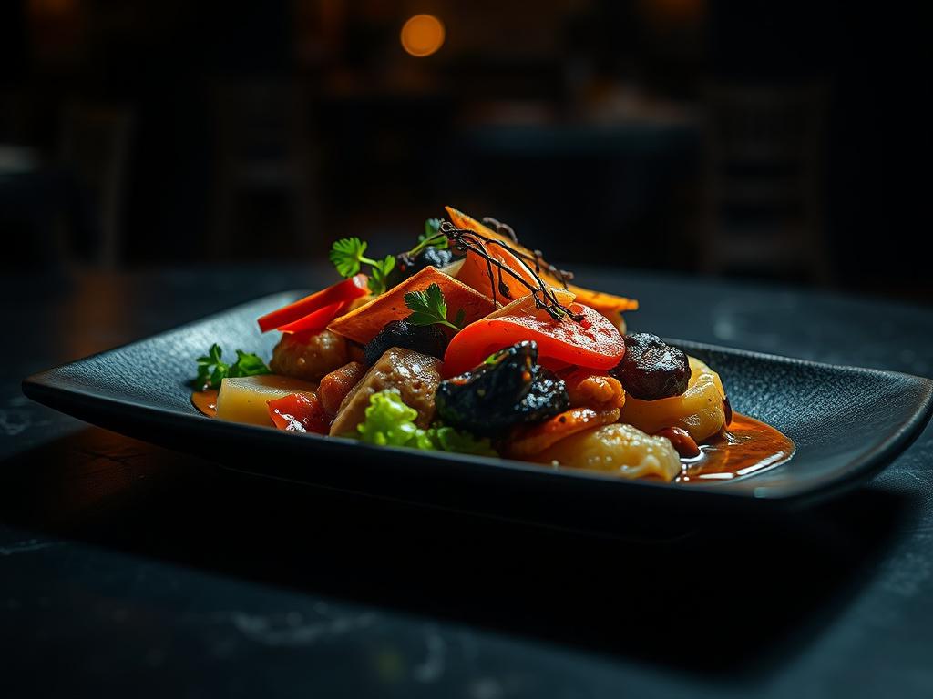 A realistic high-resolution photograph of a single fusion dish, combining elements from different cuisines, presented on a sleek, modern plate. The lighting is dramatic, with deep shadows and rich contrasts highlighting the vibrant colors and textures of the dish. The background is dark and blurred, incorporating subtle tones of #FF6E4E to create an intense and captivating dining atmosphere.