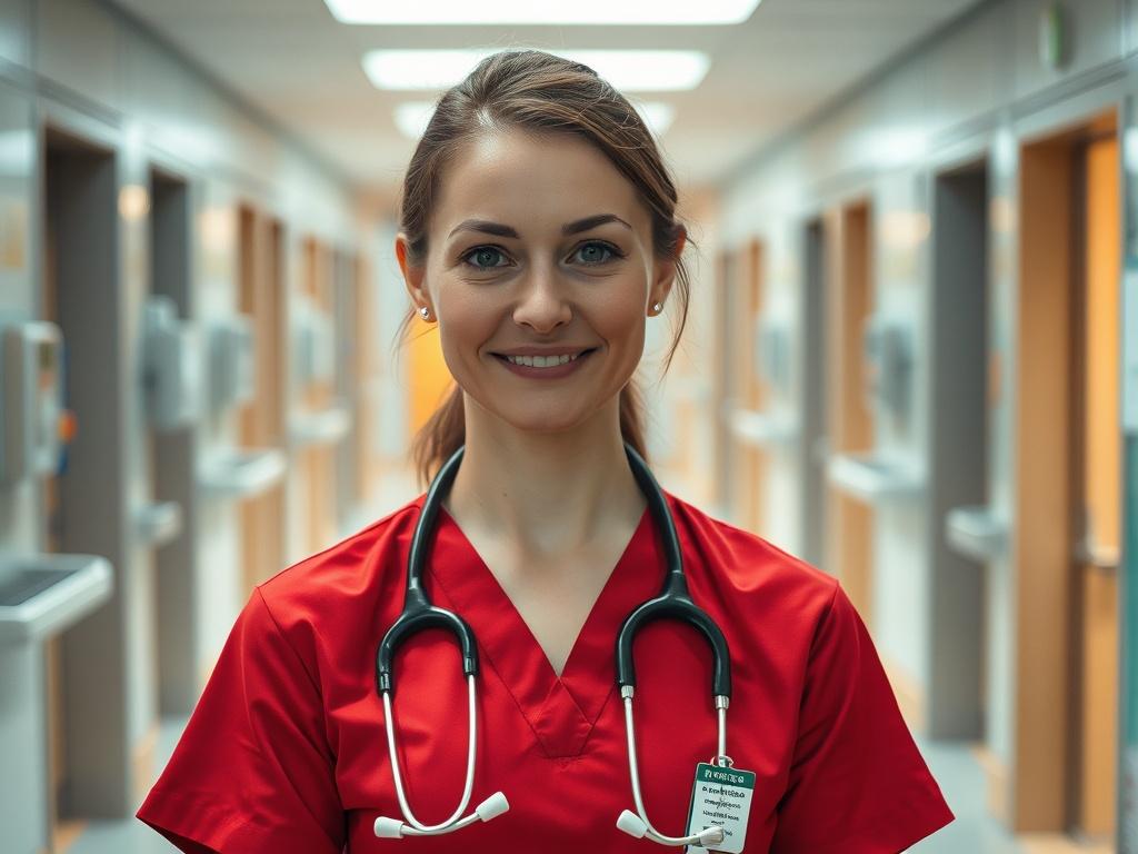 Create a realistic high-resolution photo that captures the essence of "De Rol van ZZP Zorgverleners in de Gezondheidszorg." The image should feature a single ZZP zorgverlener, a female nurse in her 30s, wearing a professional medical uniform, complete with a stethoscope around her neck. She should be standing in a brightly lit hospital corridor, exuding confidence and compassion. 

The background should be simple and uncluttered, showcasing medical equipment and a few patient rooms in soft focus to emphasiz
