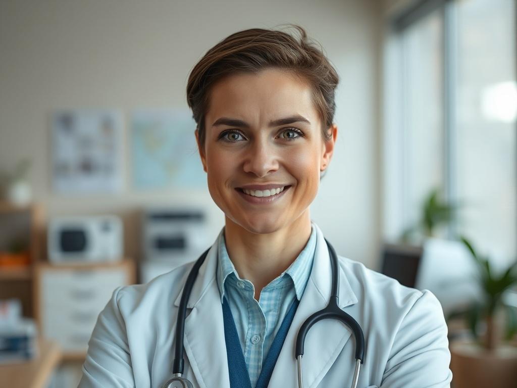 **AI Image Generation Prompt:**

Create a realistic high-resolution photograph that embodies the theme of "Advies: Geen onderscheid in functie bij zzp zorgverleners." The composition should be simple and clear, focusing on a single subject: a compassionate, professional-looking ZZP zorgverlener (self-employed healthcare provider). This individual should be depicted in a warm, inviting environment that suggests a healthcare setting, such as a doctor's office or a clinic.

The subject should be positioned in 