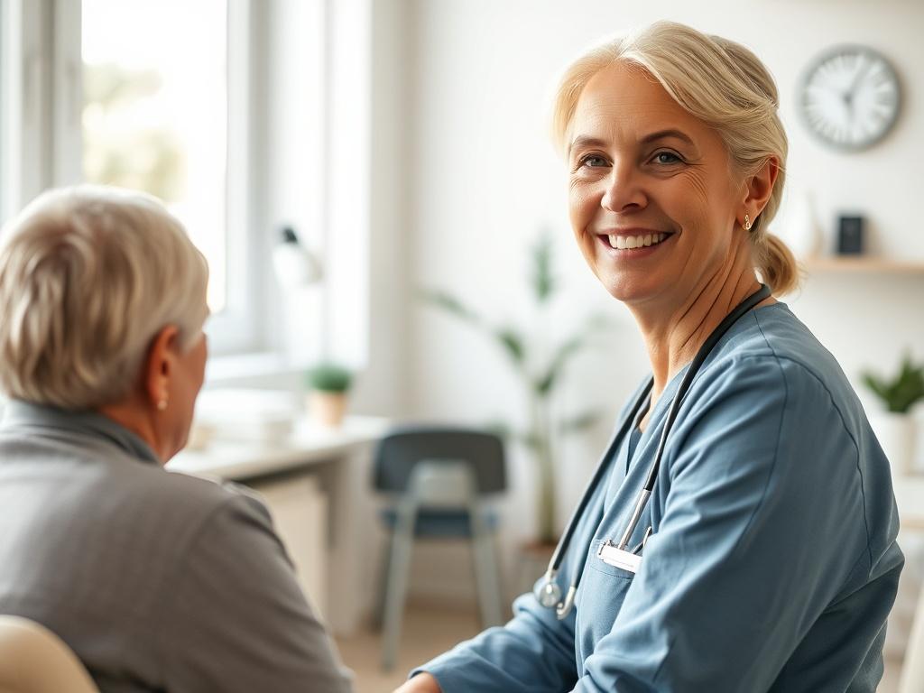 Create a realistic high-resolution photo focusing on a successful ZZP zorgverlener (an independent healthcare professional) in a bright, welcoming clinical environment. The subject, a middle-aged, ethnically diverse healthcare worker, should be depicted in a crisp, professional outfit, smiling confidently while interacting with a patient (who is out of focus) in a well-lit consultation room.

Composition should be simple and clear, with the healthcare worker positioned slightly to the right of the frame, al