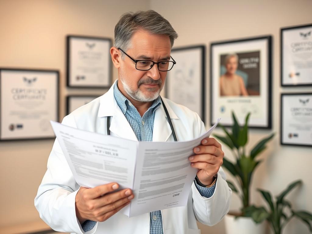 **Prompt for AI Image Generation:**

Create a realistic high-resolution photo that captures the concept of hiring independent healthcare professionals (ZZP'ers) in a healthcare setting, with a focus on the importance of care and quality assurance. The composition should be simple and clear, featuring a single subject: a hands-on healthcare professional (a ZZP'er) examining a medical document in a well-lit, modern healthcare office.

### Composition Details:
- **Subject Matter:** A middle-aged healthcare pro