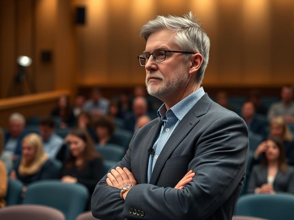 Create a realistic high-resolution photo that captures the essence of the "Groot ArbeidsmarktDebat | Zipconomy." The composition should be simple and clear, focusing on a single subject: a thoughtful middle-aged man, representing Bart Smals, standing confidently while engaging in a discussion about the labor market for self-employed workers (zzp’ers). He is dressed in smart-casual attire, exuding professionalism and approachability.

The background should depict a well-lit auditorium filled with individuals