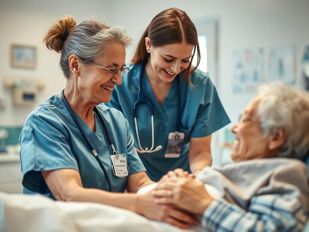 Create a realistic, high-resolution photograph that captures the essence of the blog titled "De voordelen van ZZP in de zorg." The composition should be simple and clear, focusing on a single subject: a healthcare professional, such as a nurse or caregiver, engaged in their work within a healthcare setting. 

The subject should be depicted in a caring pose, perhaps smiling while assisting an older patient in a well-lit room that conveys a sense of warmth and compassion. The background should showcase elements typically found in a healthcare environment, such as medical tools, a patient bed, or charts, but should remain subtly blurred to keep attention on the subject.

The color palette should be calming and reassuring, featuring soft blues and whites to evoke trust and professionalism in the healthcare industry. Ensure the image is shot using a 45mm f/1.2 lens style to create a beautiful depth of field, emphasizing the sharp details of the subject while gently fading the background.

This photo should convey the message of how ZZP'ers (self-employed professionals) play a crucial role in the healthcare sector, highlighting their dedication, expertise, and the personal touch they bring to patient care.