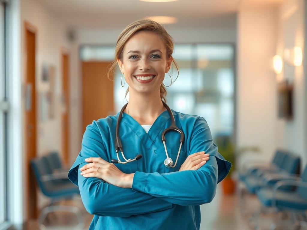 Create a realistic, high-resolution photograph that visually represents the blog titled "De voordelen van ZZP in de zorg." The composition should be simple and clear, featuring a single subject to emphasize the theme of the blog. 

Subject: A confident, smiling female healthcare professional dressed in scrubs, standing with her arms crossed. She should exude a sense of empowerment and satisfaction, embodying the benefits of working as a ZZP'er (self-employed) in the healthcare sector.

Background: Soft, blu