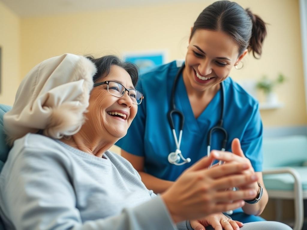A close-up shot of a happy caregiver interacting positively with patients in a healthcare setting, highlighting the satisfaction that comes with good matches. The background is a bright, cheerful patient room.