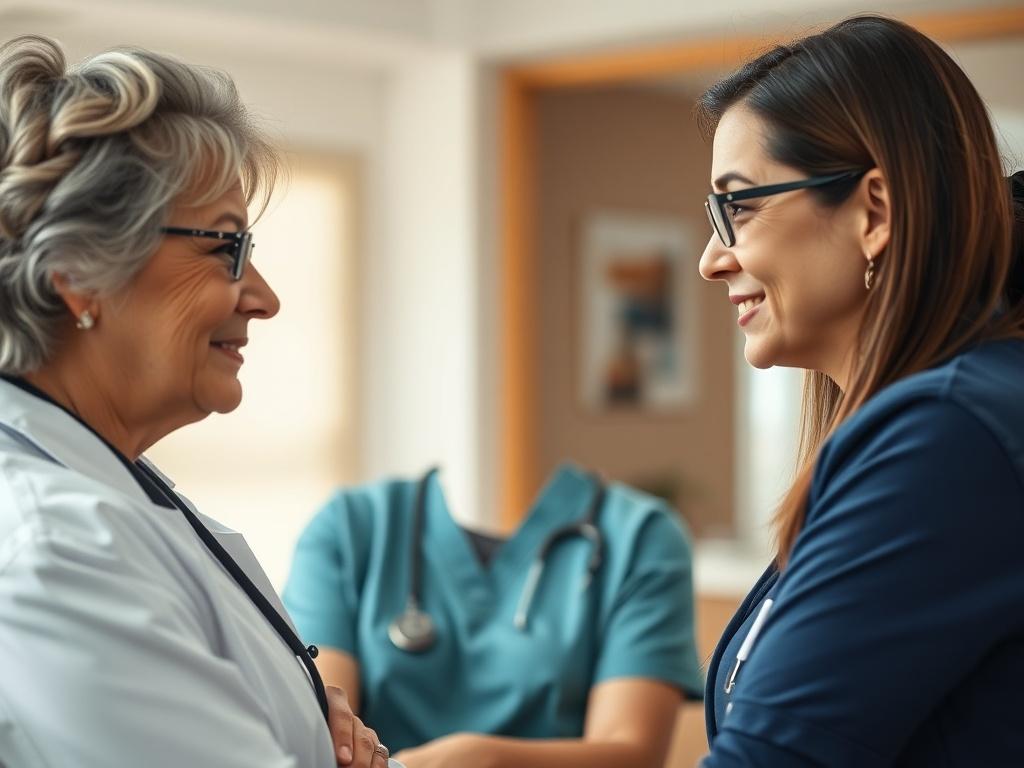A close-up shot of a caregiver and a facility manager engaged in a meaningful conversation, showcasing empathy and understanding. The background features a warm, inviting office space.