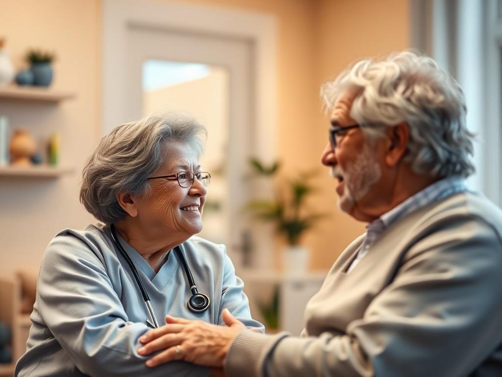 A close-up shot of a professional healthcare provider interacting with a patient in a warm and welcoming care setting. The focus should be on their engaged conversation, showcasing compassion and professionalism. The background should be softly blurred to highlight the subjects, with warm lighting that conveys a sense of trust and care.