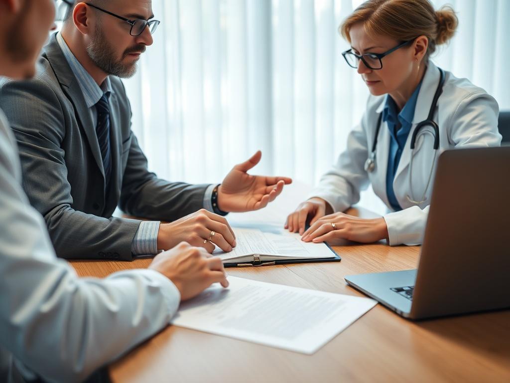 A close-up shot of a healthcare consultant discussing contract details with a healthcare provider. The scene should capture a professional atmosphere, with documents and a laptop open on the table. The focus should be on the serious yet collaborative tone of the conversation, illustrating the importance of negotiation in the healthcare field.