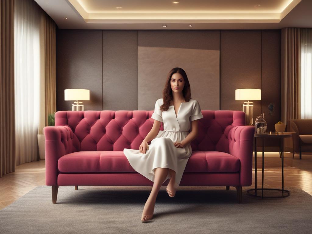 A stunning, attractive young woman in elegant attire, sitting on