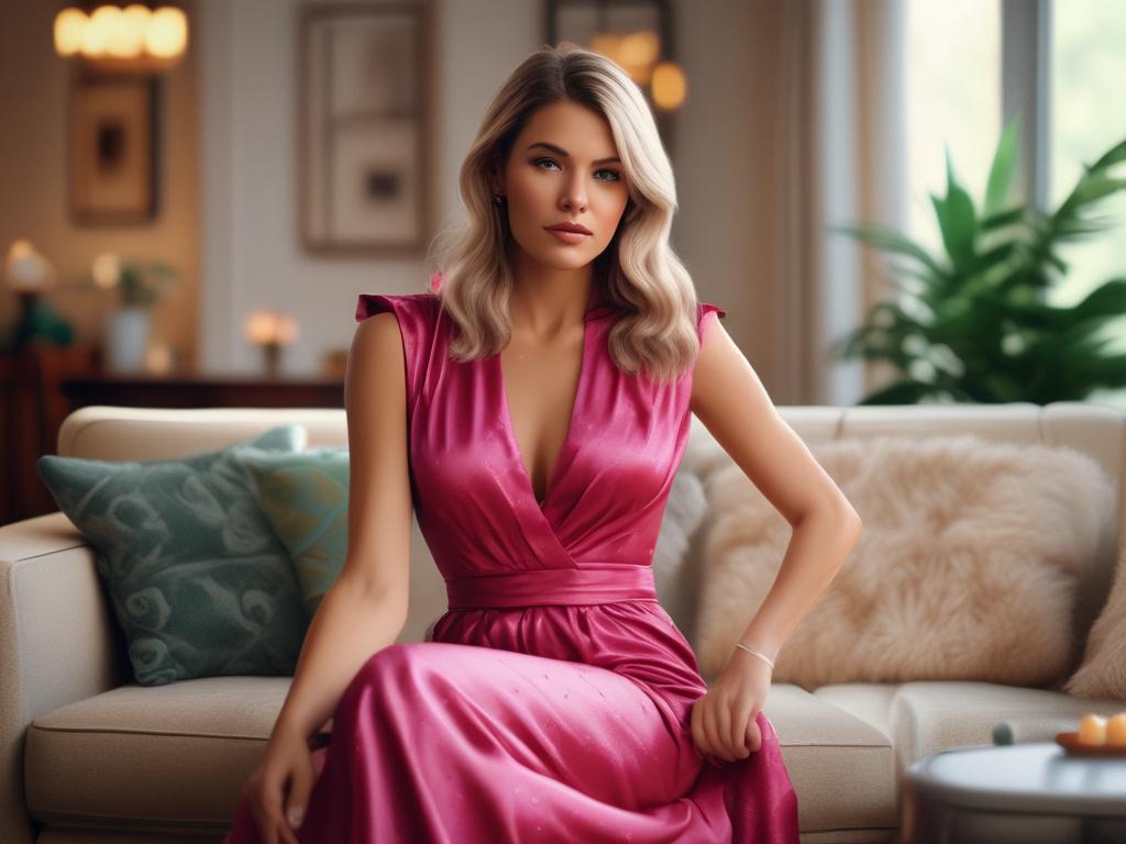 A glamorous housewife in a stylish outfit, seated elegantly in