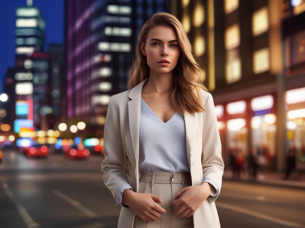 A stunning young woman in a fashionable outfit, standing confidently