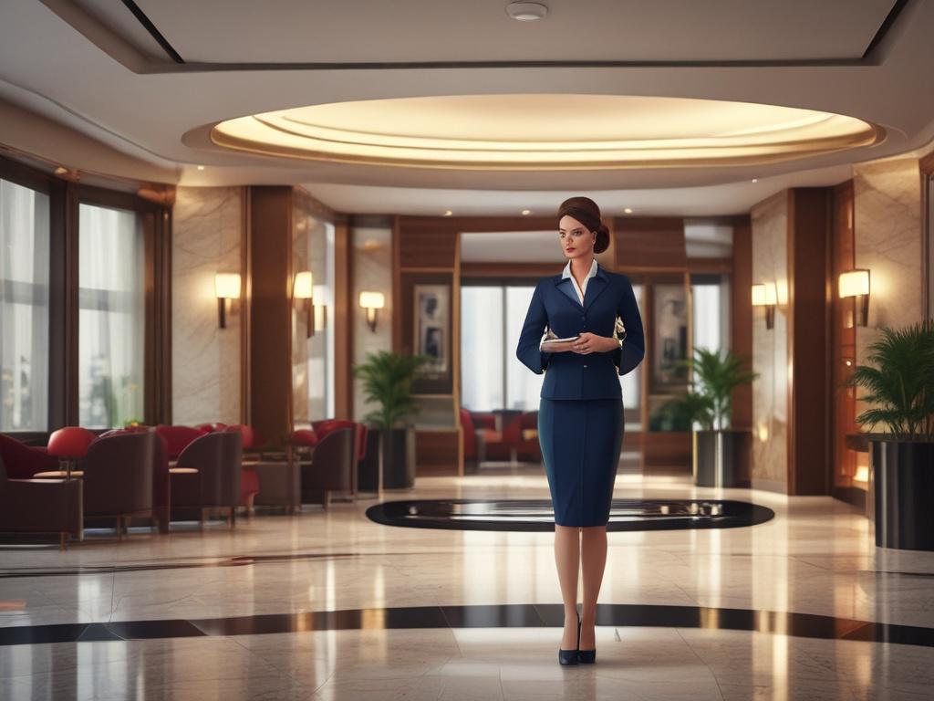A sophisticated airhostess in a stylish uniform, standing at the