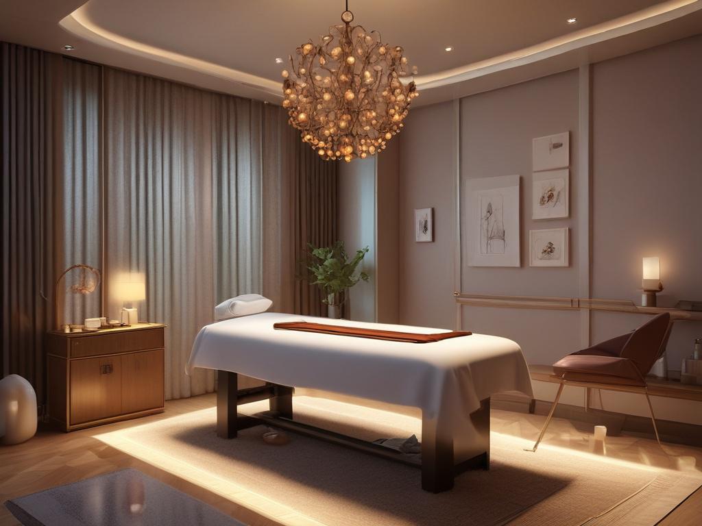 An inviting and serene massage room, softly lit with candles,