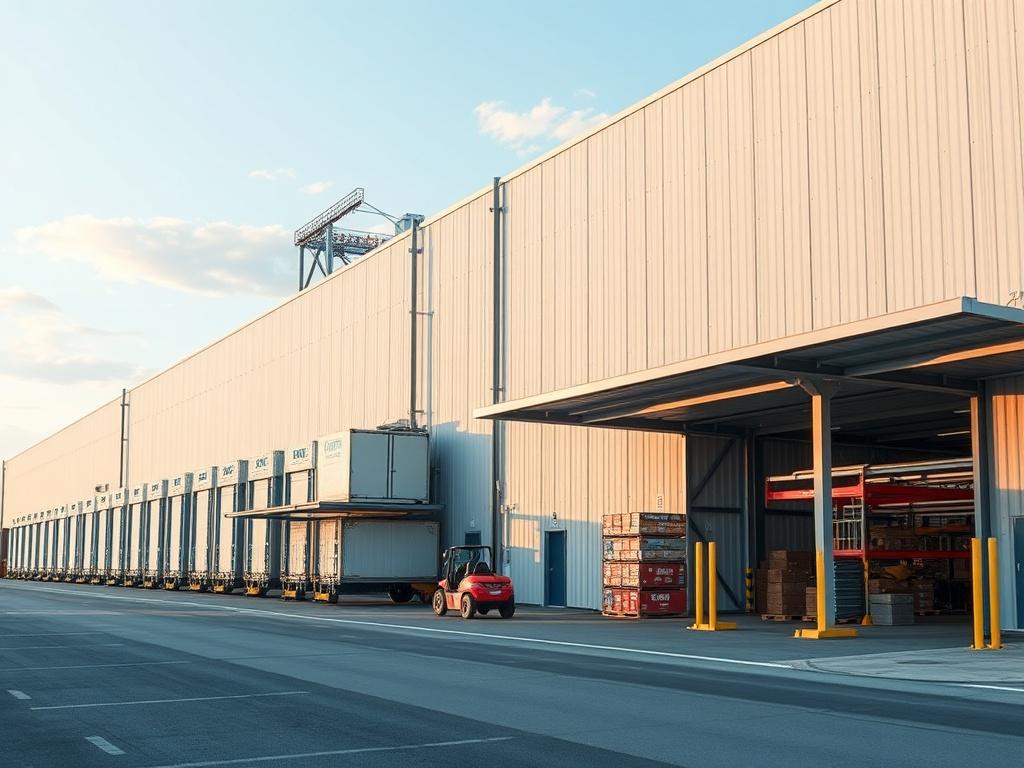 A realistic high-resolution photo showcasing a state-of-the-art logistics facility with temperature-controlled storage units and a modern warehouse. The focus is on the structure's sleek design and operational efficiency, with clear skies in the background to symbolize reliability and professionalism. Shot with a 45mm f/1.2 lens, ensuring a close-up perspective that highlights the facility's features.