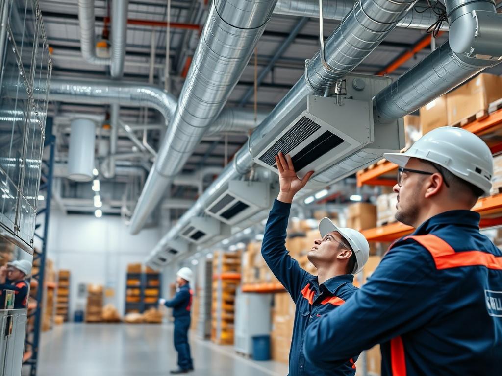 A realistic high-resolution image of warehouse HVAC installation in progress, showcasing technicians working on air conditioning units and ductwork. The warehouse should be spacious, with visible shelves and products in the background. The composition should highlight the HVAC systems being installed, with a focus on the teamwork and professionalism of the technicians, set in a clean, organized environment.