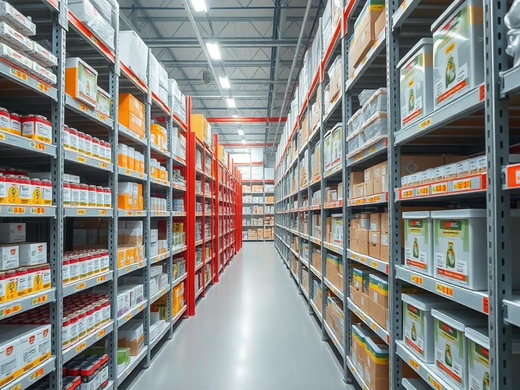 A realistic high-resolution image of a temperature-controlled storage facility, showcasing neatly organized shelves with various products. The facility should have visible climate control systems, like temperature gauges or cooling units. The lighting should be bright and clear, emphasizing the cleanliness and organization of the storage area. The composition should focus on the storage space, with a simple background that indicates a professional environment.