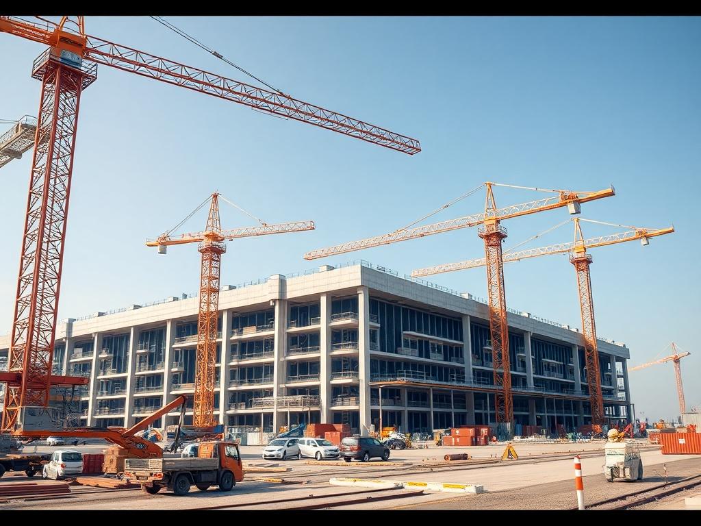 A realistic high-resolution image of a logistics hub under construction, featuring cranes, construction workers, and building materials. The image should show a large, modern facility designed for logistics operations, with clear skies and an organized construction site. The focus should be on the hub's structure, conveying a sense of progress and modernity, with a simple background.