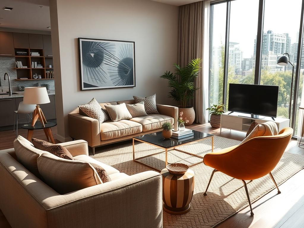 A hyper-realistic close-up shot of a beautifully furnished corporate apartment living room, featuring modern furniture, elegant decor, and ample natural light streaming through large windows. The background should showcase a cozy, inviting atmosphere with greenery visible outside. The image should be bright and vibrant, reflecting a professional yet comfortable environment, shot with a 45mm f/1.2 lens.