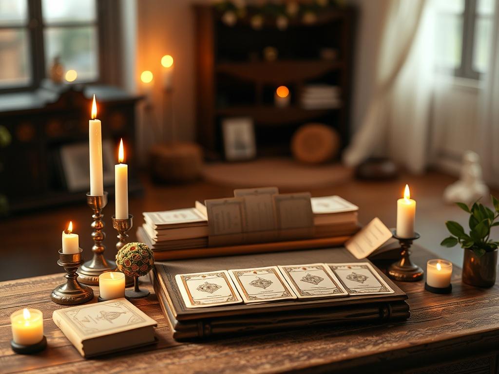 A serene, softly lit scene featuring a beautifully arranged oracle