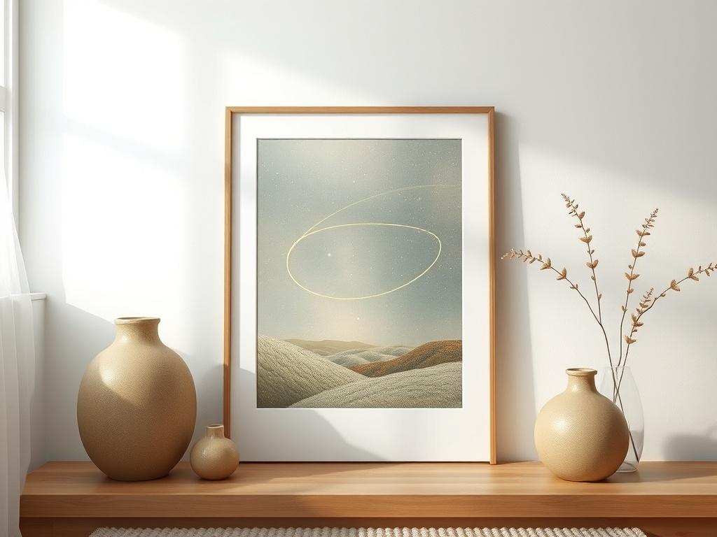 An art print featuring a delicate illustration of a golden thread weaving through a celestial landscape. The print is framed and displayed in a softly lit, serene setting with a gentle background that enhances its beauty.