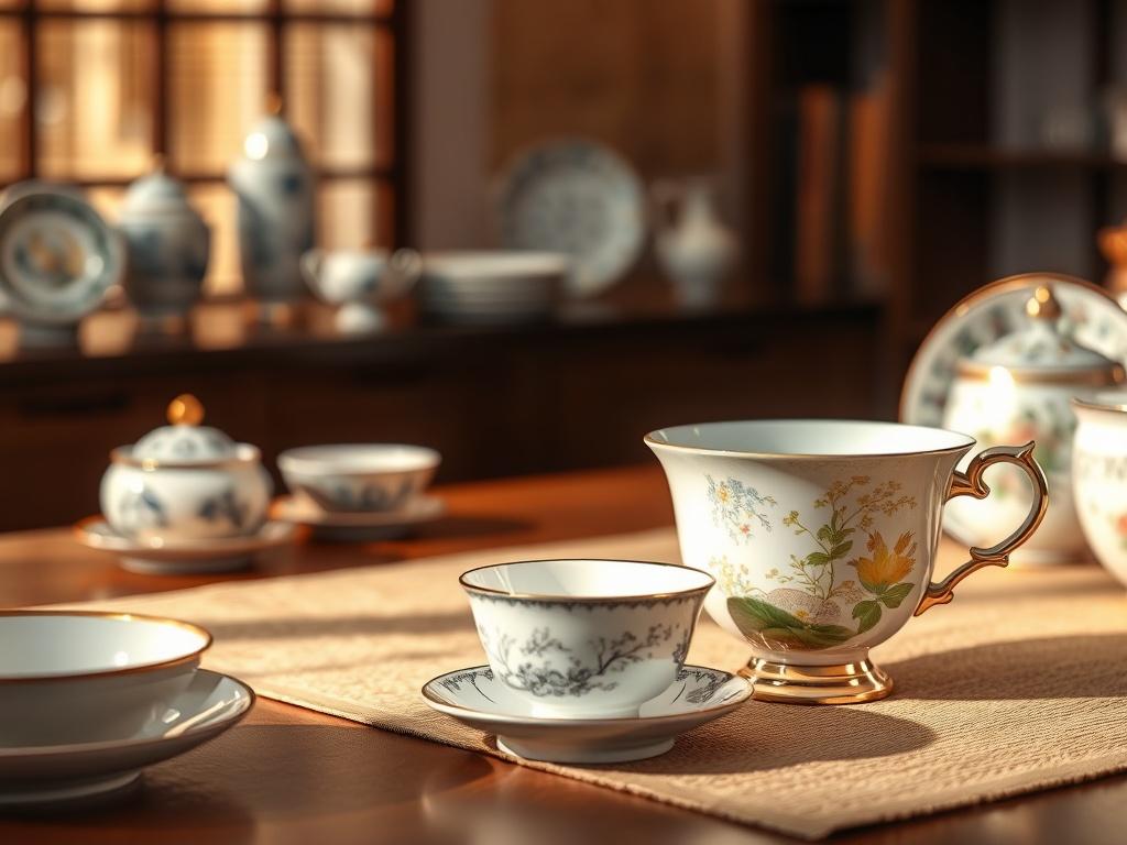 An elegant consultation setting showcasing a beautifully arranged table with various ancestral china pieces. The focus is on a delicate teacup with intricate designs, set against a backdrop of soft lighting and natural textures. The atmosphere is calm and respectful, creating an inviting space for reflection and storytelling.