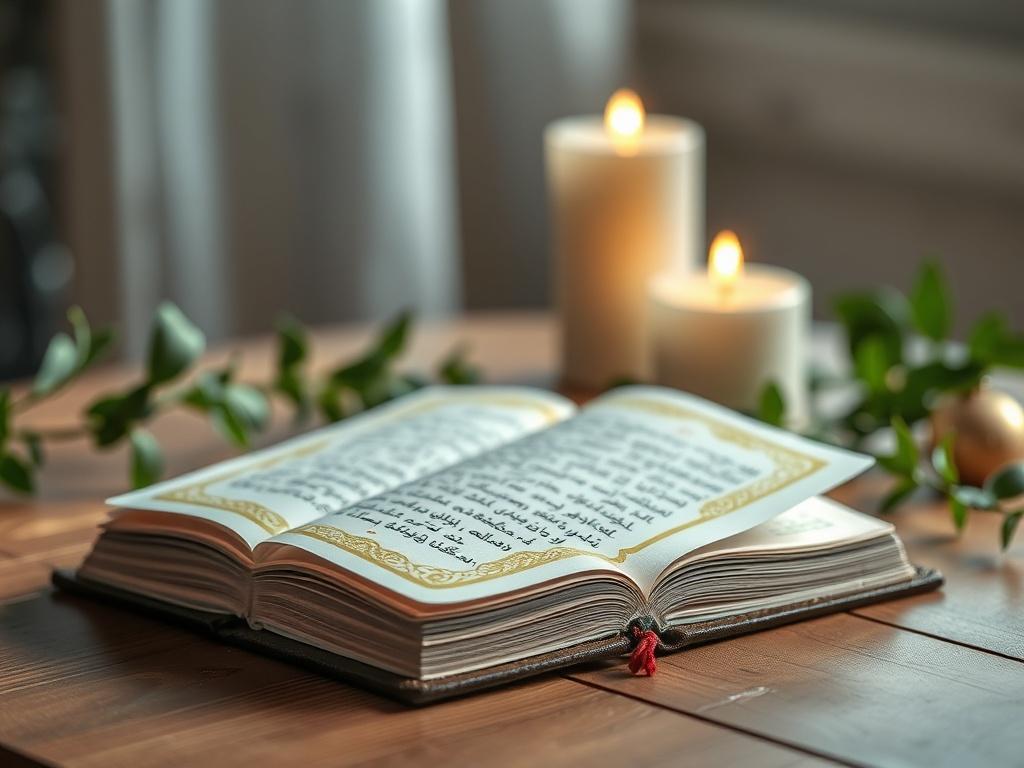 A beautifully designed prayer book resting on a wooden table, surrounded by soft, natural lighting. The book should have an elegant cover featuring golden thread designs, with pages slightly open to reveal handwritten prayers. The background should include gentle greenery and a few candles, creating a serene and peaceful atmosphere.