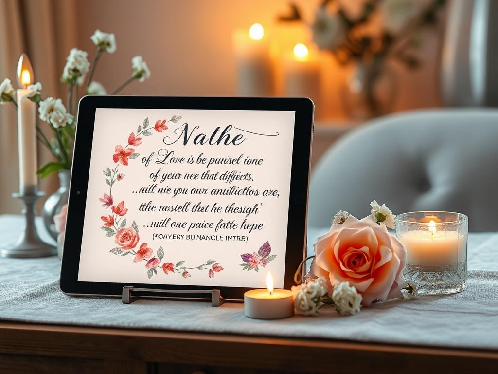 A visually striking digital blessing displayed on a tablet, featuring elegant typography and soft watercolor designs. The tablet rests on a cozy desk adorned with candles and flowers, creating a warm and inviting atmosphere. The background is softly lit, enhancing the peaceful ambiance of the scene.