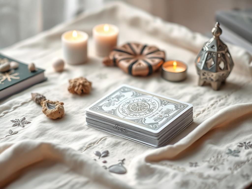 A serene workspace featuring a beautifully designed oracle deck, with intricate illustrations visible. The deck is placed on a soft, natural linen cloth, surrounded by gentle lighting and a few spiritual items like crystals and candles. The background is softly blurred to enhance the focus on the oracle deck, creating a peaceful and inviting atmosphere.