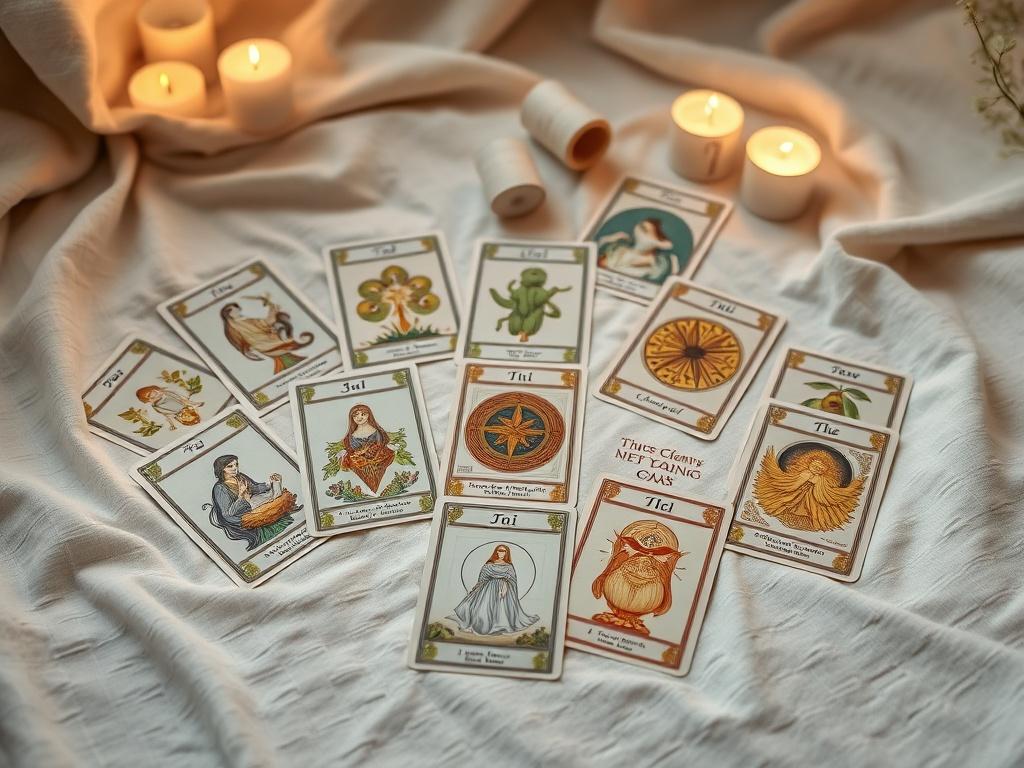 A beautifully illustrated oracle deck spread out on a soft linen cloth. Each card showcases unique artwork and inspiring messages. The scene is illuminated with gentle, warm lighting, creating a sacred and inviting atmosphere.