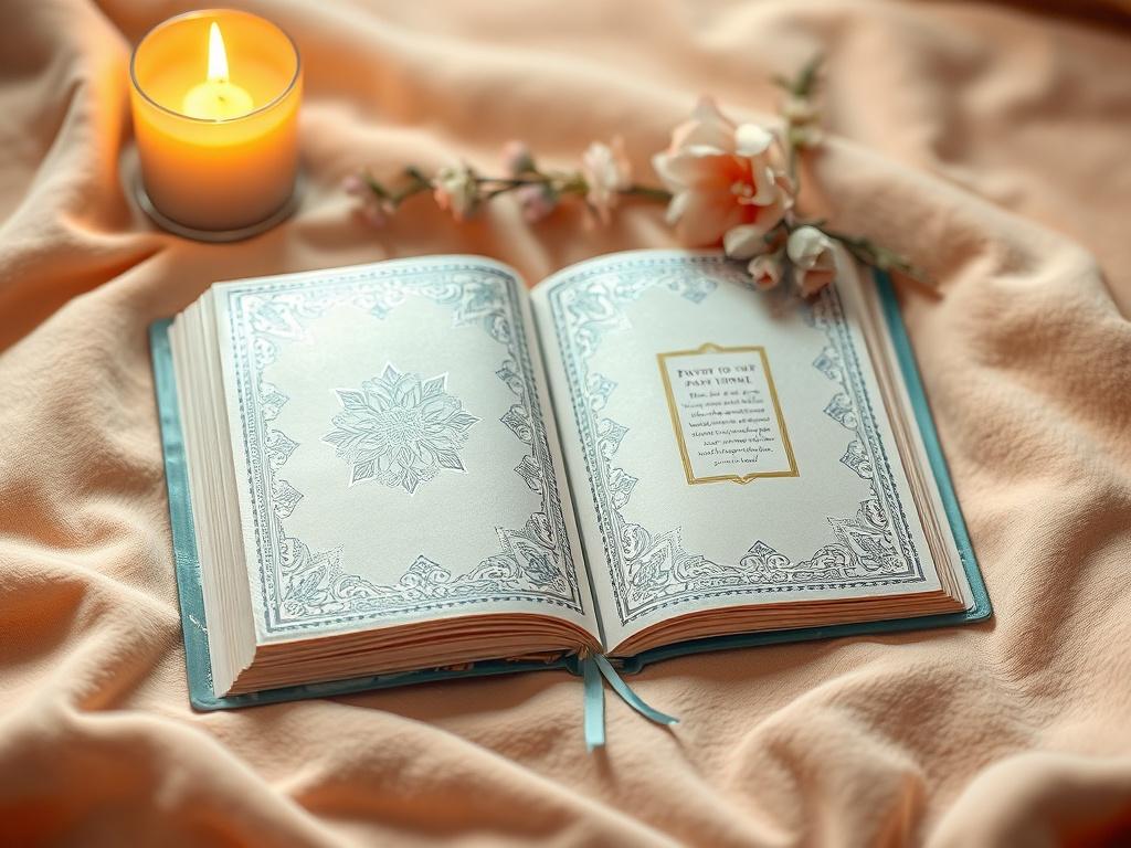 A beautifully rendered high-resolution image of a Celestial Silver Prayer Journal, lying open on a soft, warm-toned surface. The journal features an elegant shimmering cover, with soft lighting highlighting the intricate details. Surrounding the journal are gentle accents like a lit candle and delicate flowers, creating a peaceful atmosphere.