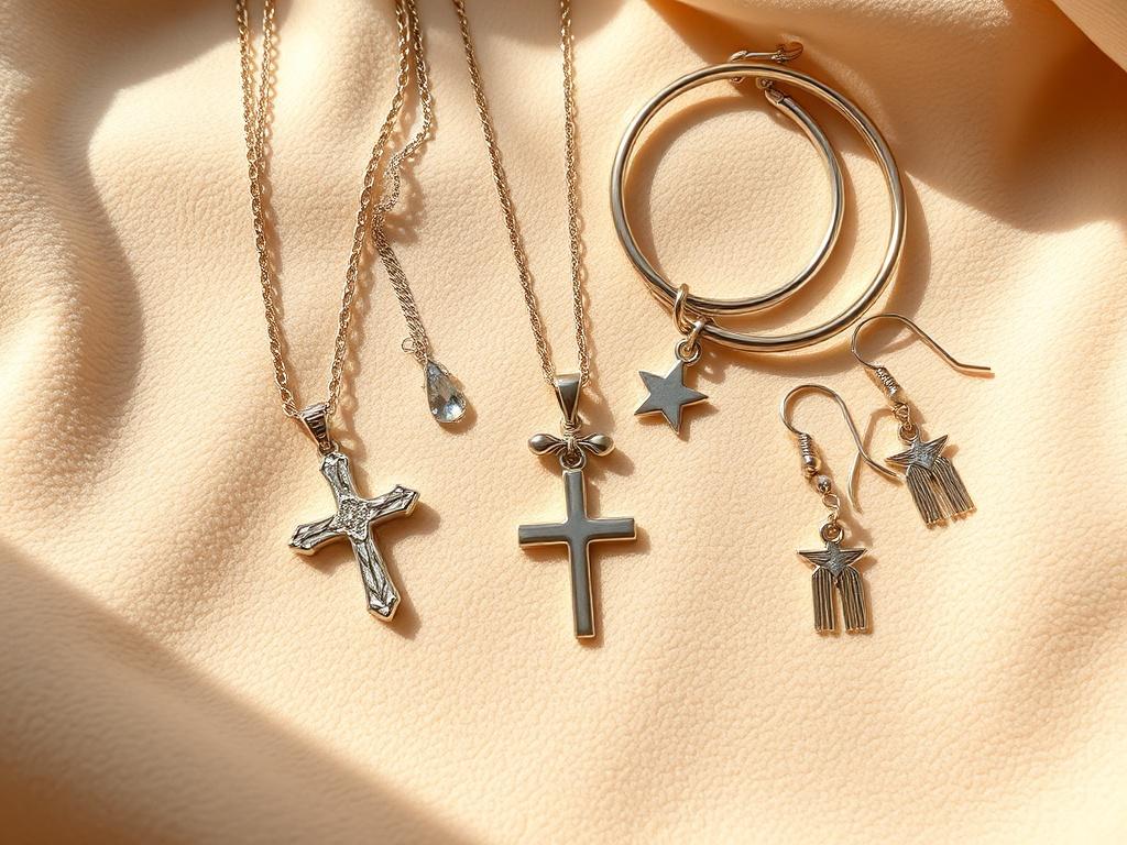 A close-up view of assorted celestial jewelry pieces displayed on a soft velvet cloth. The collection includes a shimmering necklace with a cross pendant, delicate bracelets adorned with star charms, and elegant earrings. Natural light should highlight the intricate details and craftsmanship, creating a warm and inviting ambiance.