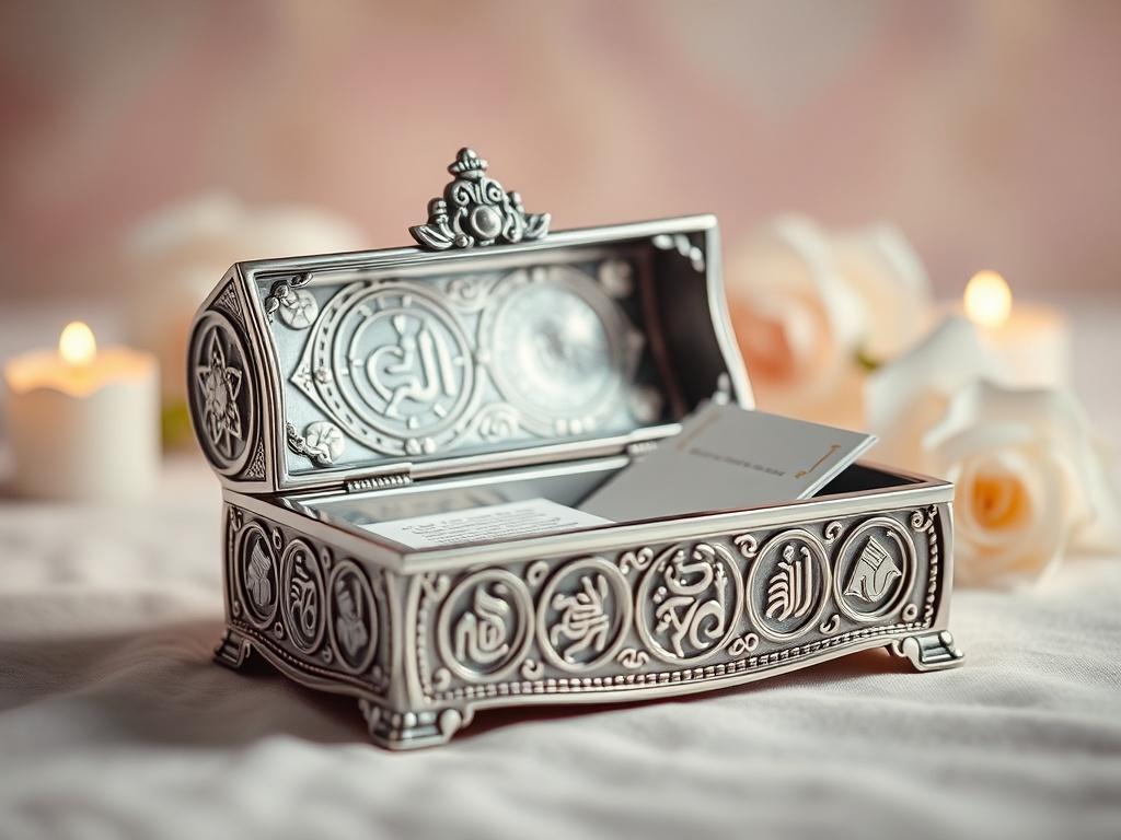 A beautifully crafted prayer box made of silver with intricate celestial patterns. The box is open, revealing prayer cards inside. The lighting is soft and gentle, highlighting the box's elegant design. The background is a peaceful, serene atmosphere with soft pastel colors.