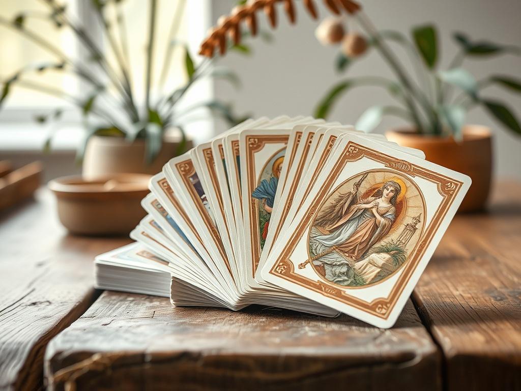A captivating high-resolution image of the Divine Identity Oracle Deck displayed on a rustic wooden table. The deck is partially fanned out, revealing beautifully illustrated cards. The background features soft lighting and natural elements like plants, creating an inviting and spiritual ambiance.