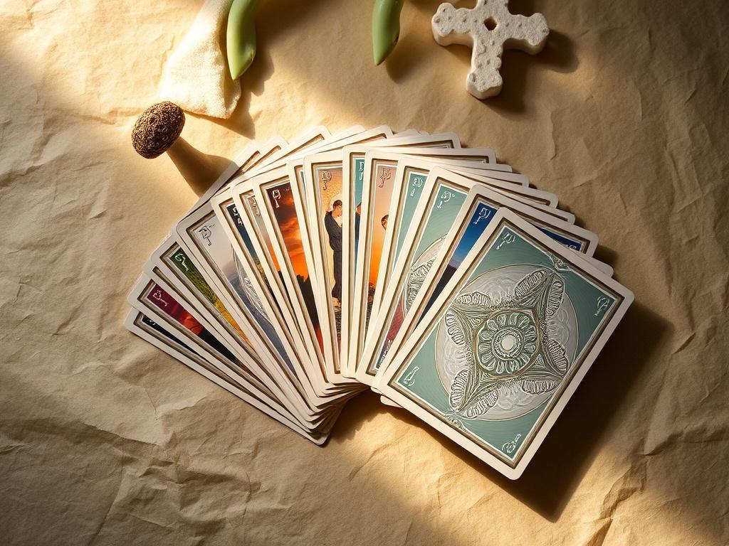 A high-resolution image of the Oracle Deck of Remembrance displayed on a soft, parchment-style background. The deck should be fanned out, showcasing the colorful and artistic designs of the cards. Soft lighting should illuminate the cards, creating an inviting and spiritual atmosphere that encourages contemplation and connection.