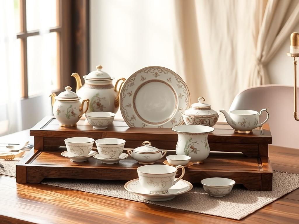 A stunning high-resolution image of the Ancestral China Blessing Set displayed elegantly on a wooden table. The set features intricate designs and soft colors, showcasing its beauty. The background includes subtle elements like a soft cloth and natural light filtering through a window, enhancing the serene atmosphere.