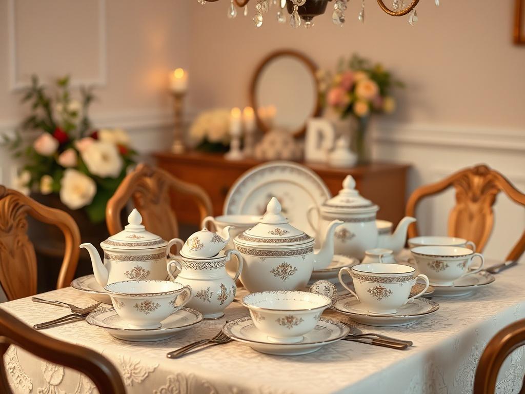 A high-resolution image of an elegant Ancestral China Set arranged on a beautifully set dining table. The china pieces should feature intricate designs and soft colors, displayed with gentle lighting that creates an inviting atmosphere. Surround the set with soft floral arrangements and candles to enhance the warm, family-oriented vibe.