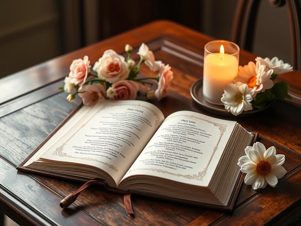 An elegantly designed prayer book resting on an antique wooden table. The book should be open, revealing beautifully illustrated pages with soft, gentle colors reflecting the theme of remembrance. A lit candle and fresh flowers nearby create a serene and inviting atmosphere, emphasizing the sacredness of prayer and devotion.