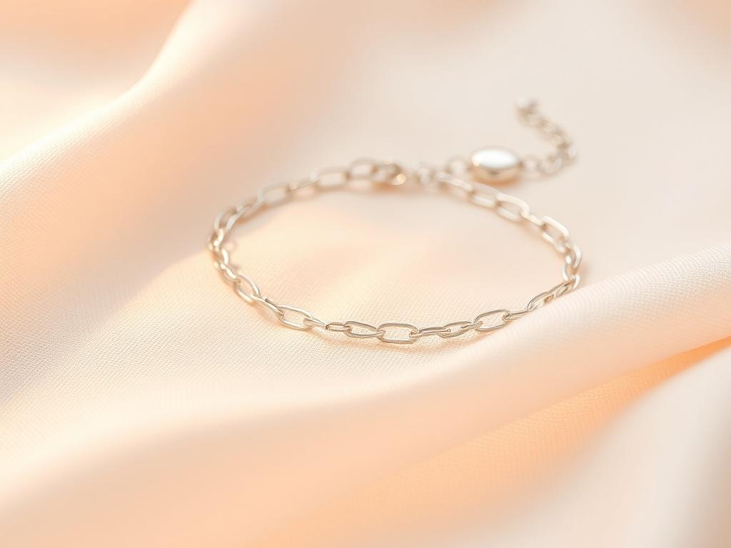 A high-resolution image of a delicate Celestial Silver Bracelet resting on a soft, radiant fabric background. The bracelet should be the only subject, showcasing its intricate silver links that gently catch the light, creating a shimmering effect. The lighting should be gentle and warm, enhancing the bracelet's elegance, with soft tones that evoke a peaceful atmosphere.