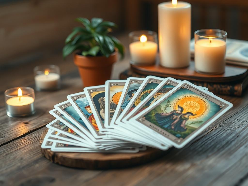 An elegant oracle deck displayed on a rustic wooden surface, with several cards fanned out to show their vibrant illustrations. The setting should include soft lighting that casts gentle shadows, with a few candles and a small potted plant in the background, enhancing the sacred atmosphere.