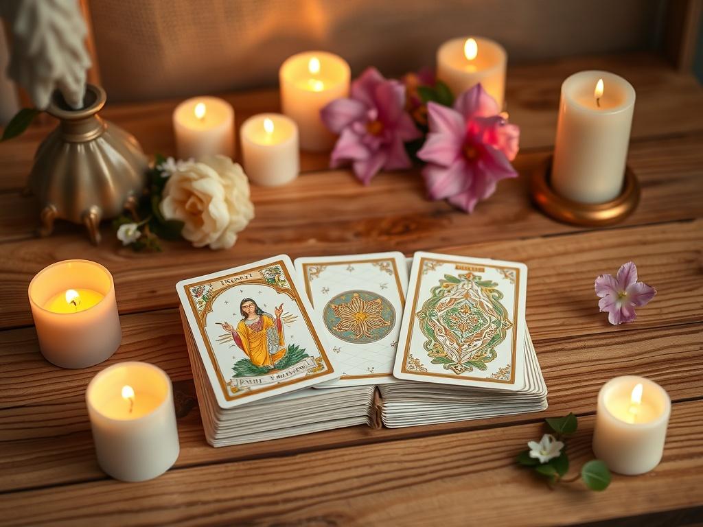 A high-resolution image of an Oracle Deck of Blessings displayed open on a wooden altar. The cards should be beautifully illustrated, with vibrant colors and intricate designs visible. Surrounding the deck, there should be soft candles and natural elements like flowers or crystals, creating a serene and peaceful atmosphere, enhancing the spiritual theme.