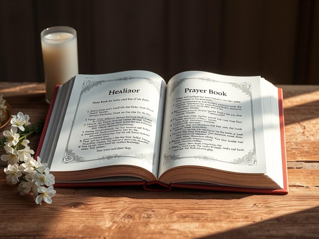 A realistic high-resolution image of the Prayer Book of Healing placed open on a rustic wooden table, with soft natural lighting highlighting the pages. The book should display elegant typography and gentle illustrations, creating a warm and inviting atmosphere. Surround the book with soft flowers or candles to enhance the serene and sacred mood.