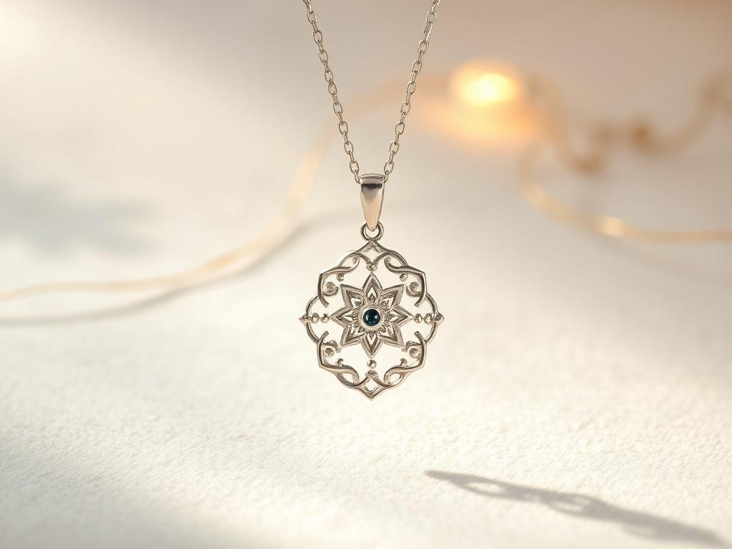 A delicate Celestial Silver Necklace displayed elegantly against a soft, textured background. The pendant should be intricately designed, capturing light beautifully, and exuding a sense of divine elegance. Soft, ambient lighting enhances the silver's shine, creating a peaceful and sacred atmosphere. A hint of Golden Thread in the background complements the necklace's design.