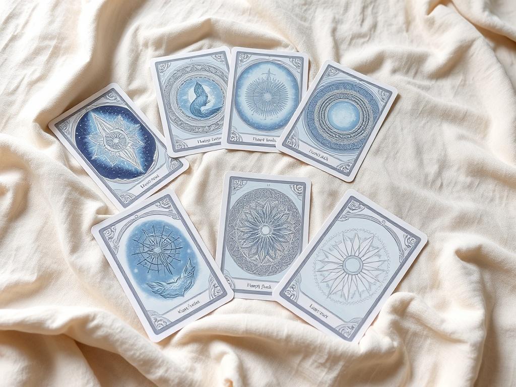 A beautifully illustrated oracle deck spread out on a soft, neutral fabric background. The cards should display intricate designs with celestial themes, soft colors, and gentle lighting that creates a peaceful atmosphere. A hint of Heaven Blue and Celestial Silver in the card designs adds a soothing touch, while the overall composition maintains simplicity and elegance.