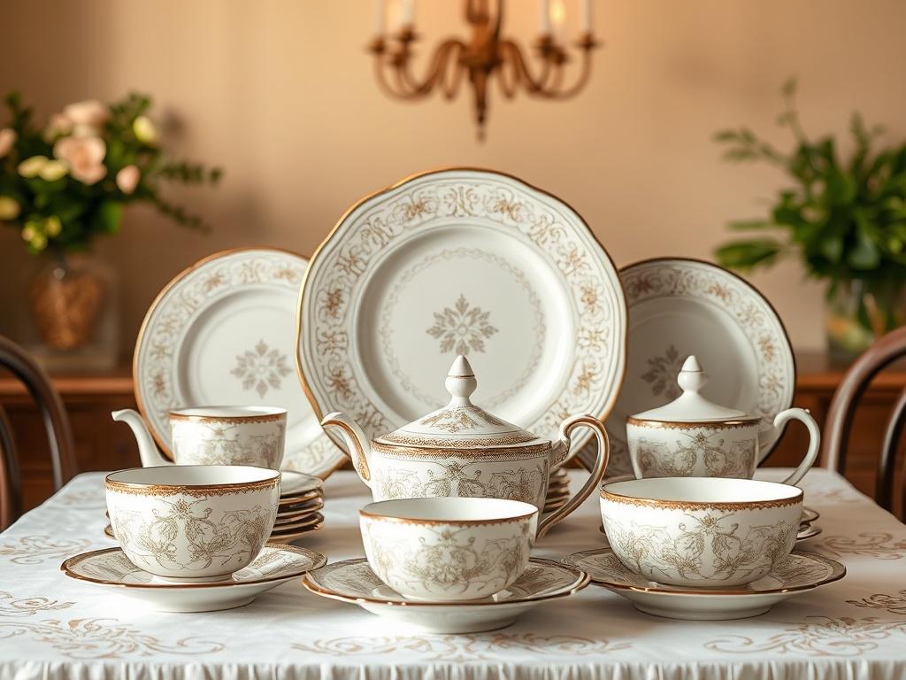 An elegant Ancestral China Dinner Set displayed on a beautifully set table, showcasing intricate designs and gentle lighting. The background features soft, warm tones, creating a cozy and inviting atmosphere. The focus is on the unique patterns of the china, emphasizing its spiritual significance and beauty.