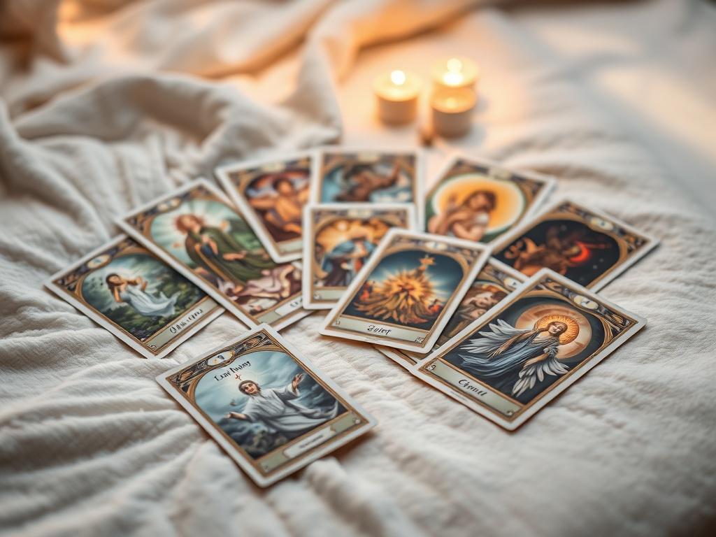 A visually captivating Oracle Deck of Divine Guidance, featuring beautifully illustrated cards spread out on a soft, textured surface. The gentle lighting enhances the vibrant colors of the cards, creating an atmosphere of serenity and inspiration. The focus is on the cards, showcasing their unique artwork and spiritual significance.